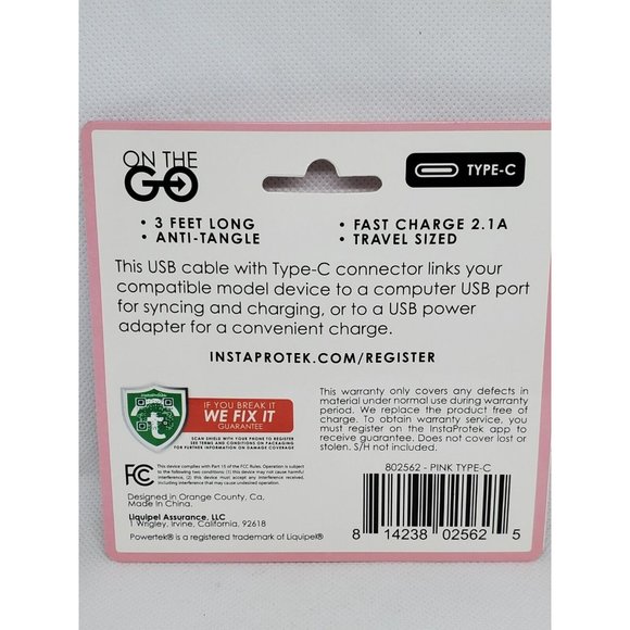 Pink Liquipel Powertek Fast Charge 3 Ft Retractable USB Type-C Cord - Picture 10 of 12